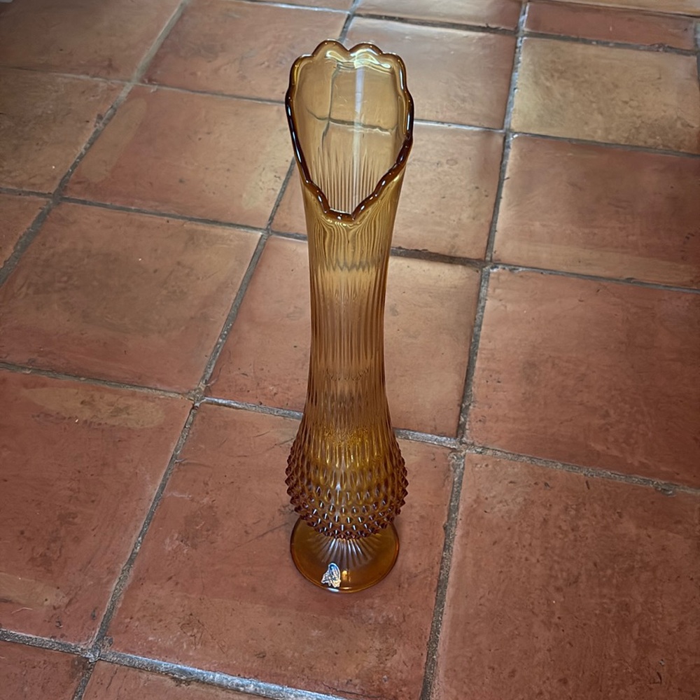 Vintage 21” Fenton Hobnail Amber Swung Vase
